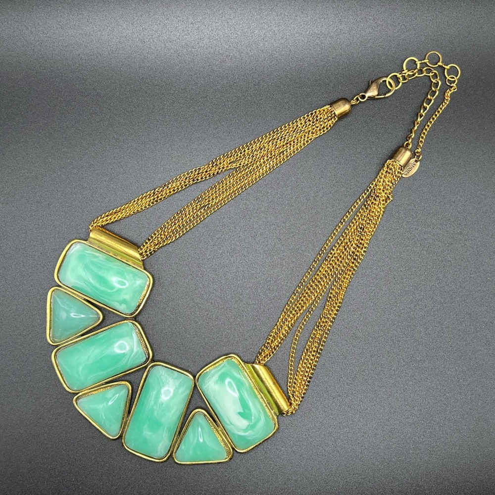 VTG Amrita Singh Statement Necklace Green Gold Chunky Geometric Marbled‎ Resin - Picture 3 of 13